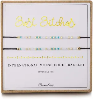 RareLove 2 Pieces Best Bitches Friendship Morse Code Bracelet Inspiration Best Friends Gift For 3 Blue White Tiny Pony Seed Beads Black String Bracelets