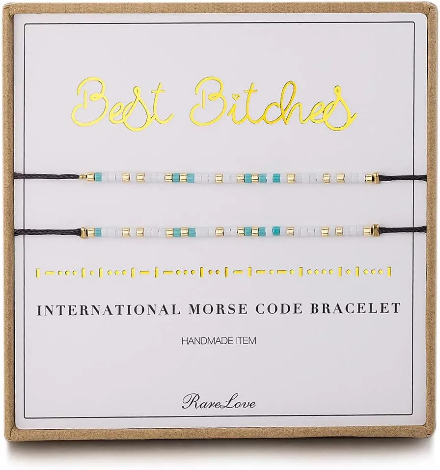 RareLove 2 Pieces Best Bitches Friendship Morse Code Bracelet Inspiration Best Friends Gift For 3 Blue White Tiny Pony Seed Beads Black String Bracelets