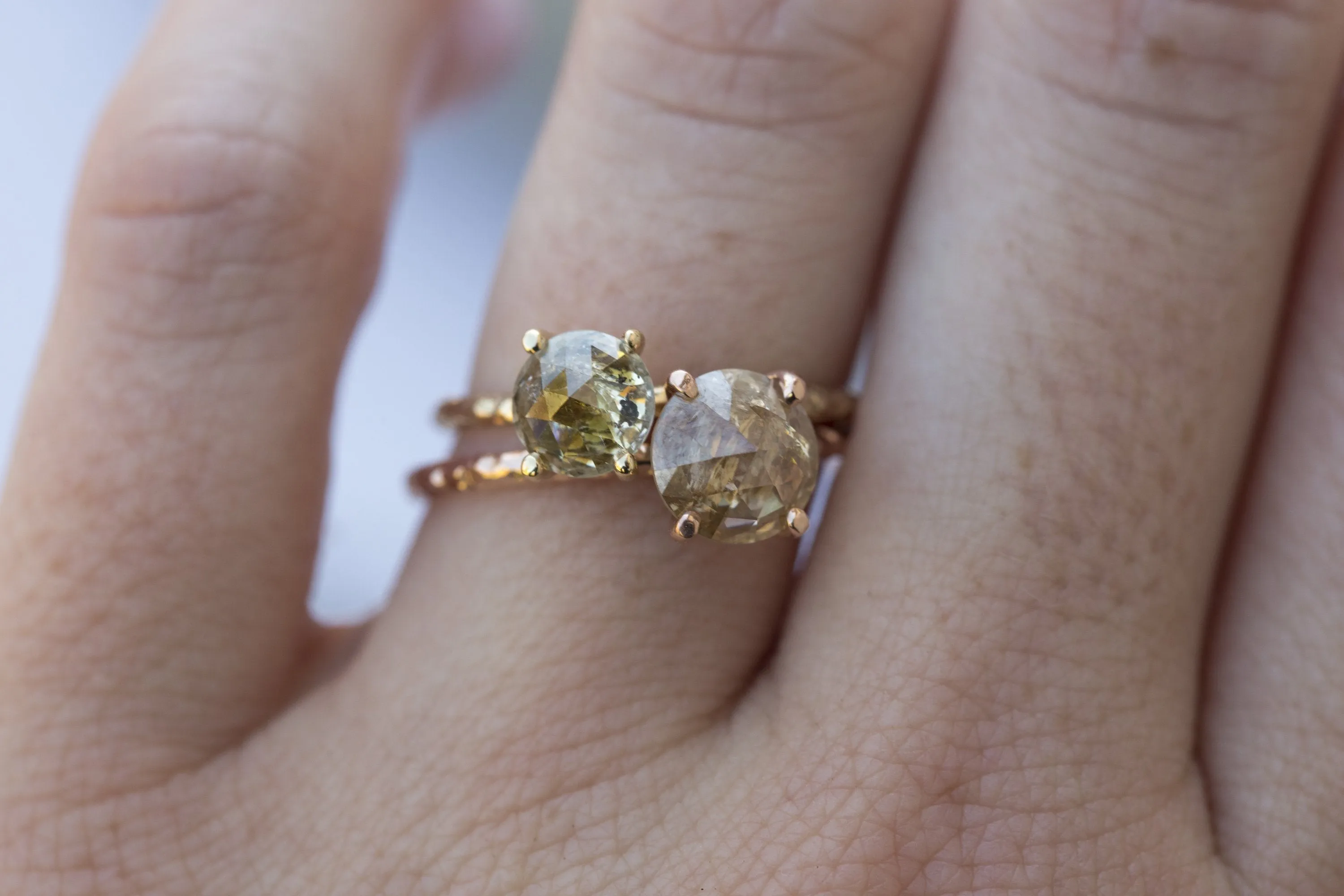 Rosecut Champagne Galaxy Diamond and Dainty Carved Rose Gold Solitaire Engagement Ring - Low Profile Rosecut Ring - Skinny Band - Hand carved by Anueva Jewelry