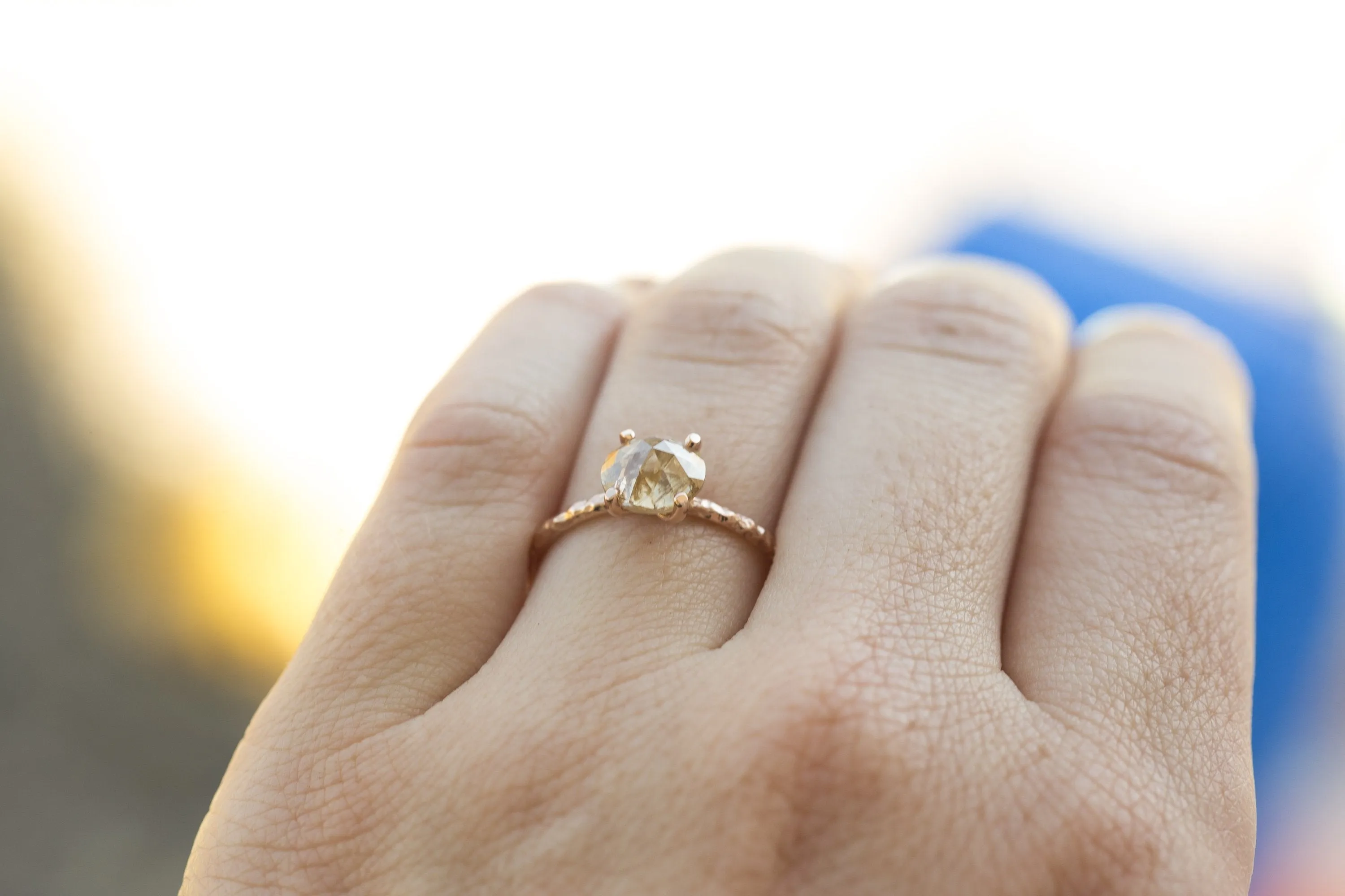 Rosecut Champagne Galaxy Diamond and Dainty Carved Rose Gold Solitaire Engagement Ring - Low Profile Rosecut Ring - Skinny Band - Hand carved by Anueva Jewelry