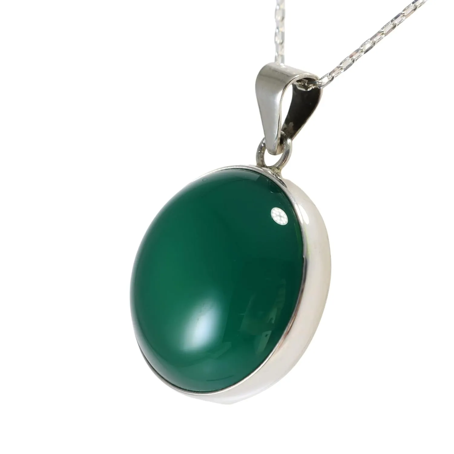 Sterling Silver Round Green Jade 20mm Handmade Pendant Necklace 18 2 inch Silver Chain for Women
