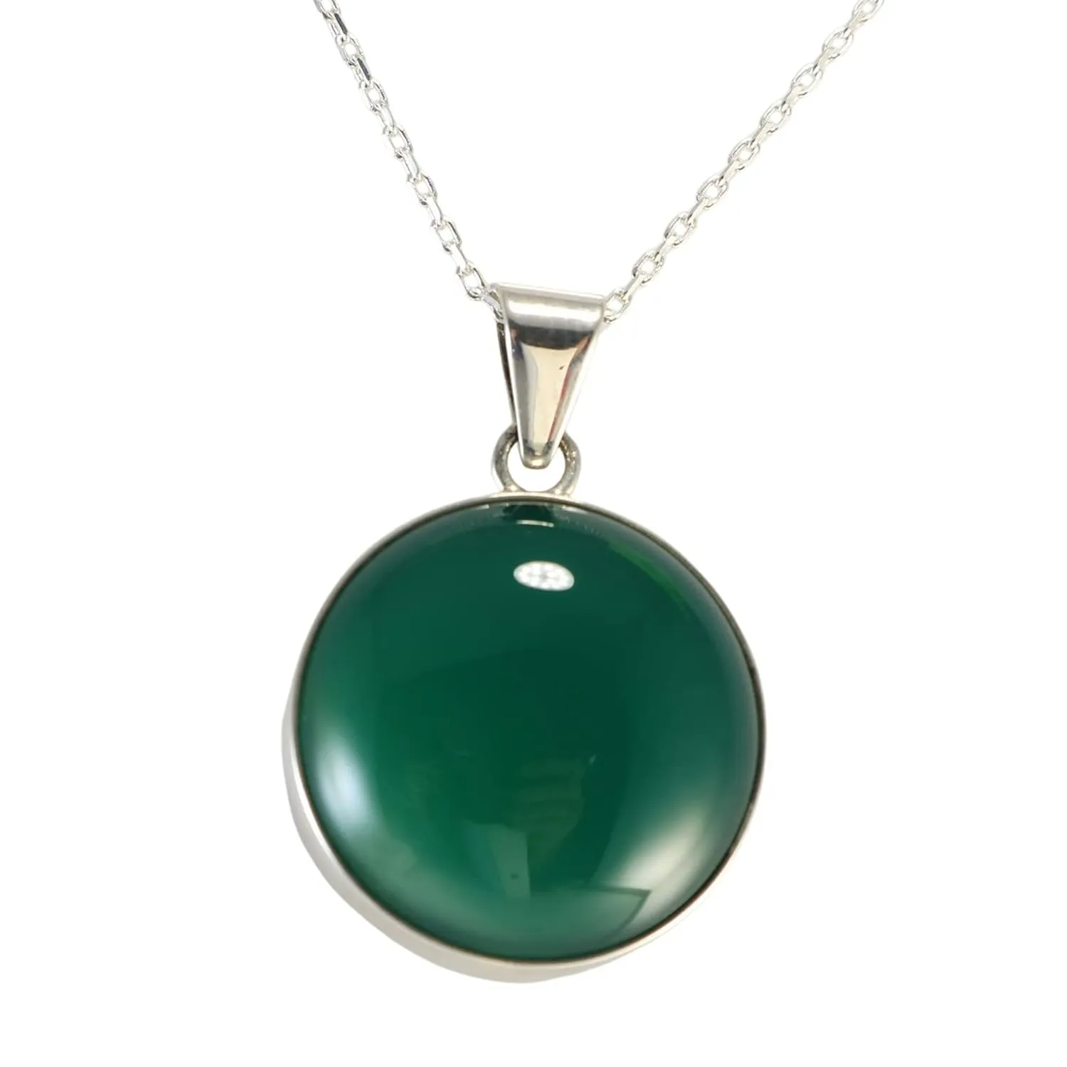 Sterling Silver Round Green Jade 20mm Handmade Pendant Necklace 18 2 inch Silver Chain for Women