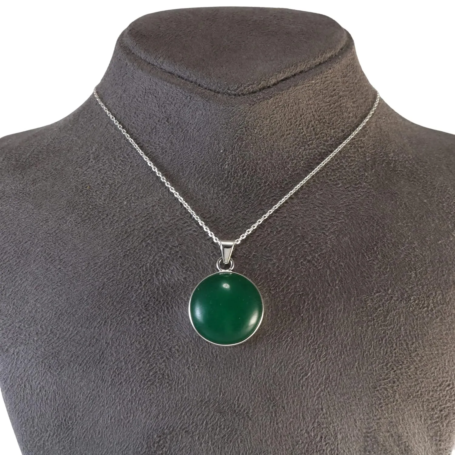 Sterling Silver Round Green Jade 20mm Handmade Pendant Necklace 18 2 inch Silver Chain for Women