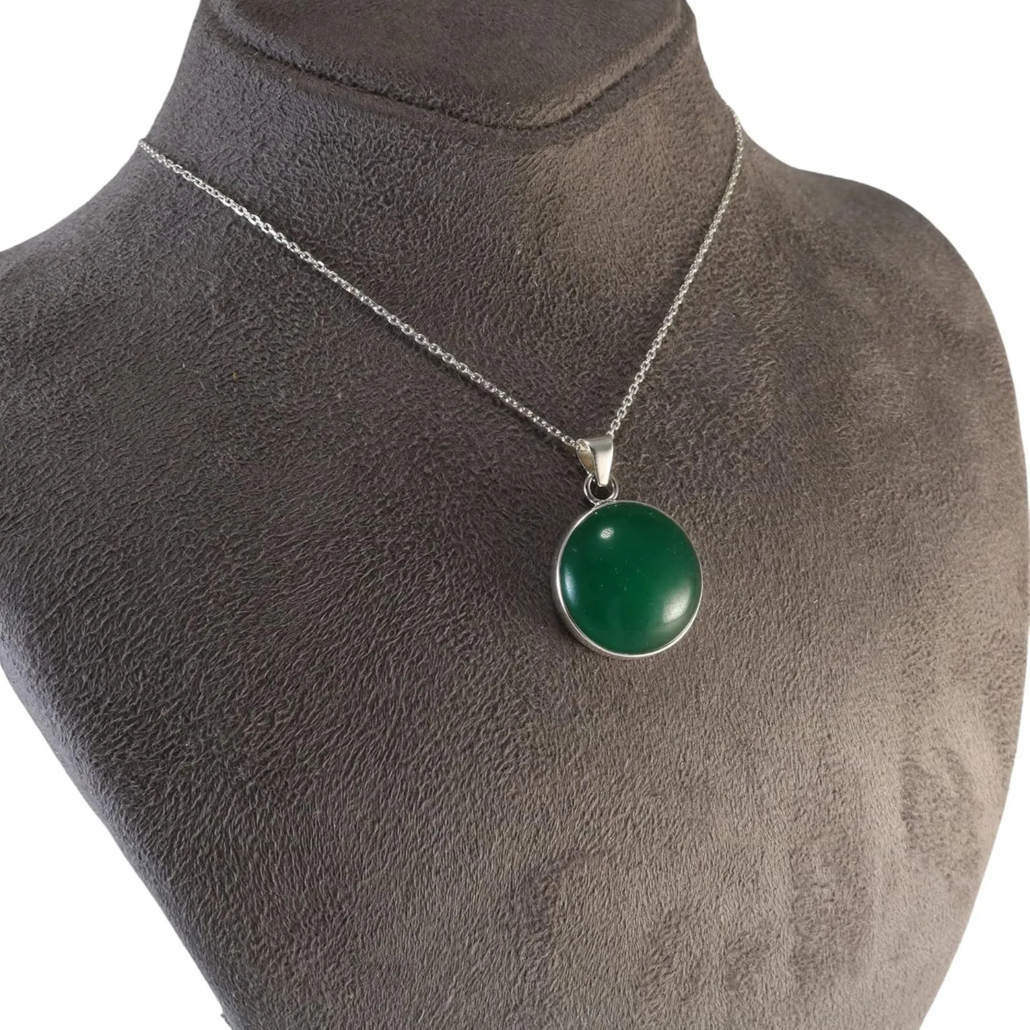 Sterling Silver Round Green Jade 20mm Handmade Pendant Necklace 18 2 inch Silver Chain for Women