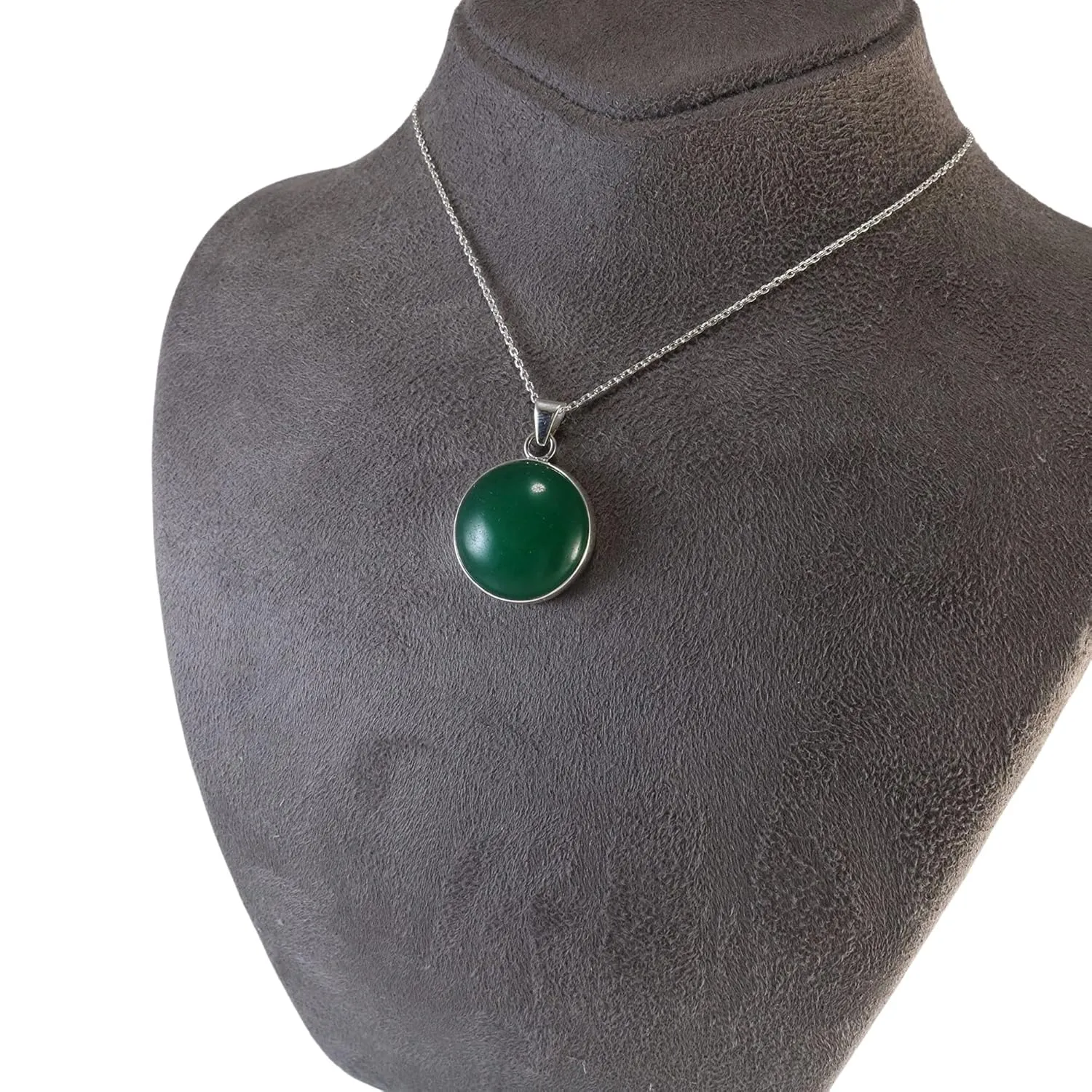 Sterling Silver Round Green Jade 20mm Handmade Pendant Necklace 18 2 inch Silver Chain for Women