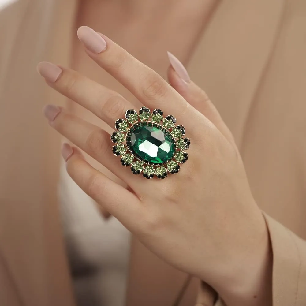 YERTTER Antique Gold Crystal Women Statement Ring Rhinestone Oval Ring Exaggerated Cocktail Ring Vintage Crystal Ring for Women Girls